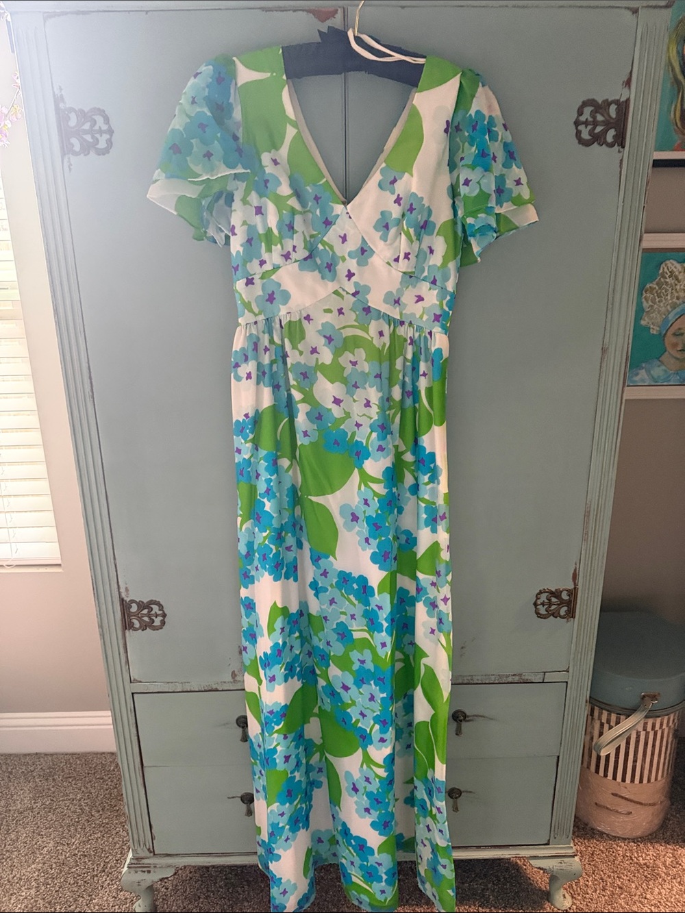 Vintage Floral Maxi Dress in Blue, Green and White